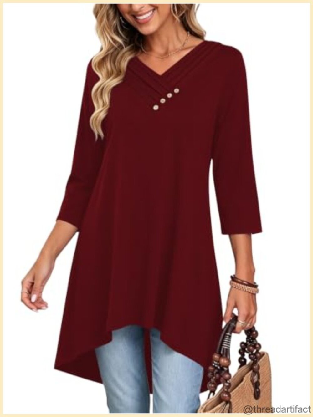 Womens 3/4 Sleeve Tunic Top High Low Hem V Neck Loose Fit Shirt for Leggings
